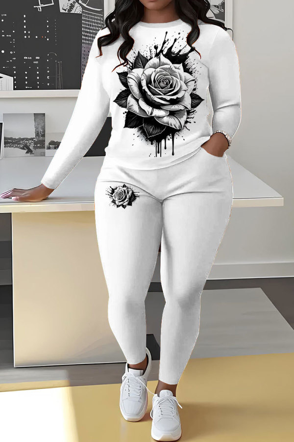 White Sportwear Casual Floral Print Round Neck Long Sleeve Sweatshirt and Pencil Sweatpants Fall Winter Two Pieces Sweatsuits Sets