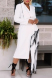 White Abstract Detail Long Sleeve High Slit Irregular Hem Statement Gown Formal Cocktail Party Formal Blazer Maxi Dress