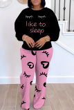 Dark Grey Sportwear Casual Letter Lip Leopard Print Round Neck Long Sleeve Sweatshirt and Straight Sweatpants Fall Winter Two Pieces Sweatsuits Sets