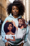 Brown Casual Loose African Girl Figure Print Draw String Hooded Collar Long Sleeve Fall Winter Sweatshirts Tops