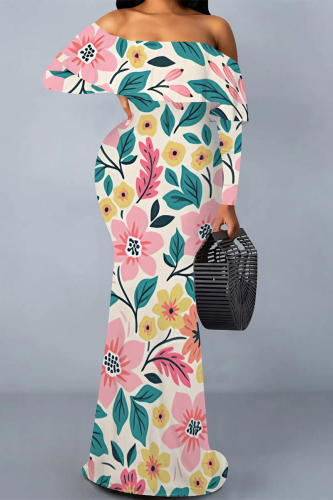 Apricot Floral Print Off Shoulder Long Flutter Sleeve Mermaid Hem Vacation Boho Maxi Dress
