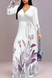 Grass Green Casual Floral Print V Neck Three Quarter Lace Up Formal Party Evening Vacation A Line Maxi Dresses