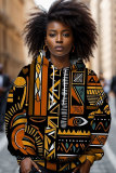 Brown Casual Loose African Girl Figure Print Draw String Hooded Collar Long Sleeve Fall Winter Sweatshirts Tops