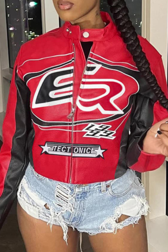 Red Casual Letters Contrast Zip-up Long Sleeve Fall Winter Short Motorcycle Jackets Coats Outerwear