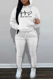 White Sportwear Casual Letter Print Hooded Long Sleeve Sweatshirt and Pencil Sweatpants Fall Winter Two Pieces Sweatsuits Sets