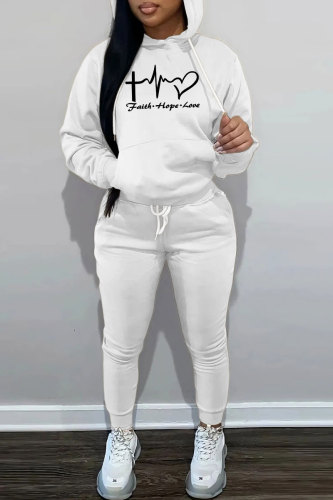 White Sportwear Casual Letter Print Hooded Long Sleeve Sweatshirt and Pencil Sweatpants Fall Winter Two Pieces Sweatsuits Sets