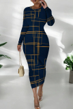 Blue Geometric African Print O Neck Long Sleeve Casual Outing Bodycon Pencil Midi Dress