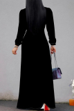 Black Lace Up V Neck Long Sleeve Floor Length Lace Up Slim Fit Casual A Line Vacation Maxi Dress