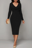 Black Formal Office Lady Ruched V Neck Long Sleeve One Step Skirt Bodycon Midi Dresses