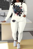 White Sportwear Casual Floral Print Round Neck Long Sleeve Sweatshirt and Pencil Sweatpants Fall Winter Two Pieces Sweatsuits Sets