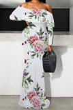 Apricot Floral Print Off Shoulder Long Flutter Sleeve Mermaid Hem Vacation Boho Maxi Dress