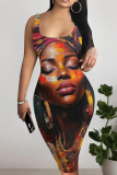 Light Khaki Artistic African Portrait Print Sleeveless U Neck Wrapped Skirt Bodycon Midi Tank Dresses