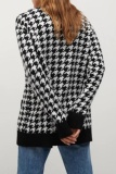Black Casual Houndstooth Buttons V Neck Long Sleeve Fall Winter Knitting Sweater Cardigans Coats Outerwear