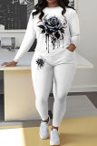 White Sportwear Casual Floral Print Round Neck Long Sleeve Sweatshirt and Pencil Sweatpants Fall Winter Two Pieces Sweatsuits Sets