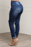 Casual Skinny Leopard Patchwork Ripped Patch Mid Waist Pencil Denim Jeans