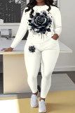 White Sportwear Casual Floral Print Round Neck Long Sleeve Sweatshirt and Pencil Sweatpants Fall Winter Two Pieces Sweatsuits Sets