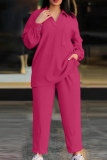 Rose Red Casual V Neck Long Sleeve Blouse And Pants Pocket Plus Size Vacation Two Pieces Trouser Sets