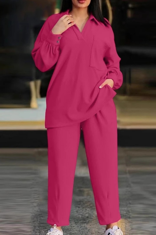 Rose Red Casual V Neck Long Sleeve Blouse And Pants Pocket Plus Size Vacation Two Pieces Trouser Sets