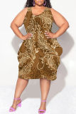 White Brown Casual Letter Gradient Print Irregular U Neck Irregular Hem Plus Size Midi Tank Dresses
