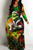 Multicolor Casual Santa Claus Print O Neck Long Sleeve Straight Loose Vacation Plus Size Maxi T-shirt Dresses