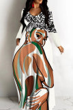 White Casual Figure Print O Neck Long Sleeve Loose Vacation Long Plus Size Maxi Dress