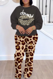 Dark Grey Sportwear Casual Letter Lip Leopard Print Round Neck Long Sleeve Sweatshirt and Straight Sweatpants Fall Winter Two Pieces Sweatsuits Sets