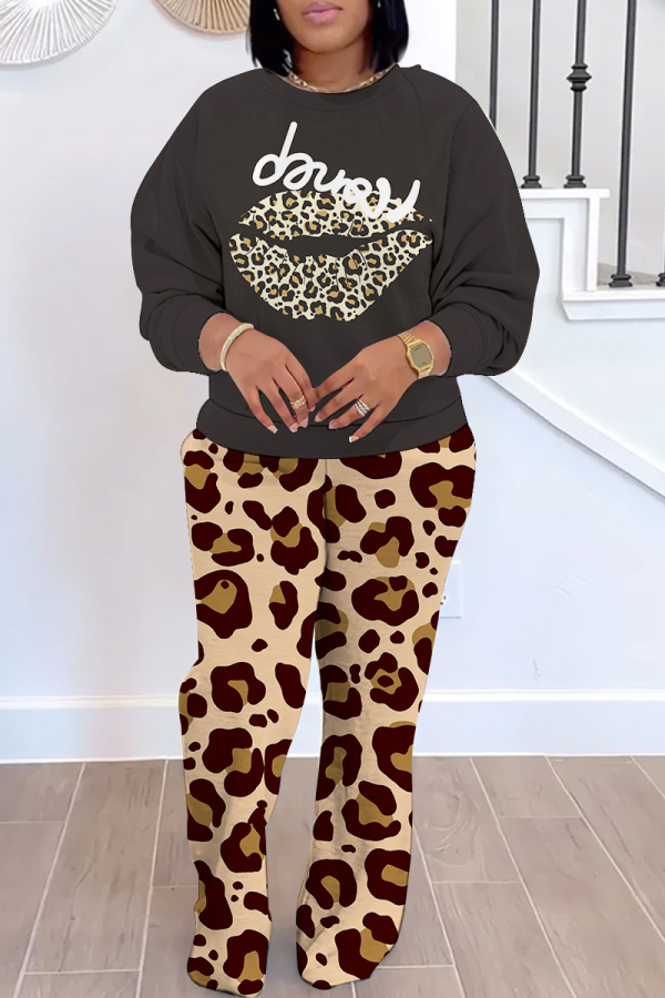 Dark Grey Sportwear Casual Letter Lip Leopard Print Round Neck Long Sleeve Sweatshirt and Straight Sweatpants Fall Winter Two Pieces Sweatsuits Sets