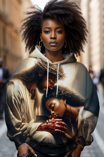 Brown Casual Loose African Girl Figure Print Draw String Hooded Collar Long Sleeve Fall Winter Sweatshirts Tops