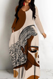 White Casual Figure Print O Neck Long Sleeve Loose Vacation Long Plus Size Maxi Dress