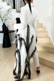 White Abstract Detail Long Sleeve High Slit Irregular Hem Statement Gown Formal Cocktail Party Formal Blazer Maxi Dress