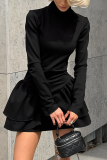 Black Evening Formal Party Zipper Turtleneck Long Sleeve Ruffle Hem A Line Sweater Mini Dresses