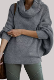 Dark Grey Loose Casual Knitting Turtleneck Long Batwing Sleeve Fall Winter Sweater Blouses Tops