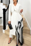 White Abstract Detail Long Sleeve High Slit Irregular Hem Statement Gown Formal Cocktail Party Formal Blazer Maxi Dress