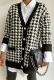 Black Casual Houndstooth Buttons V Neck Long Sleeve Fall Winter Knitting Sweater Cardigans Coats Outerwear
