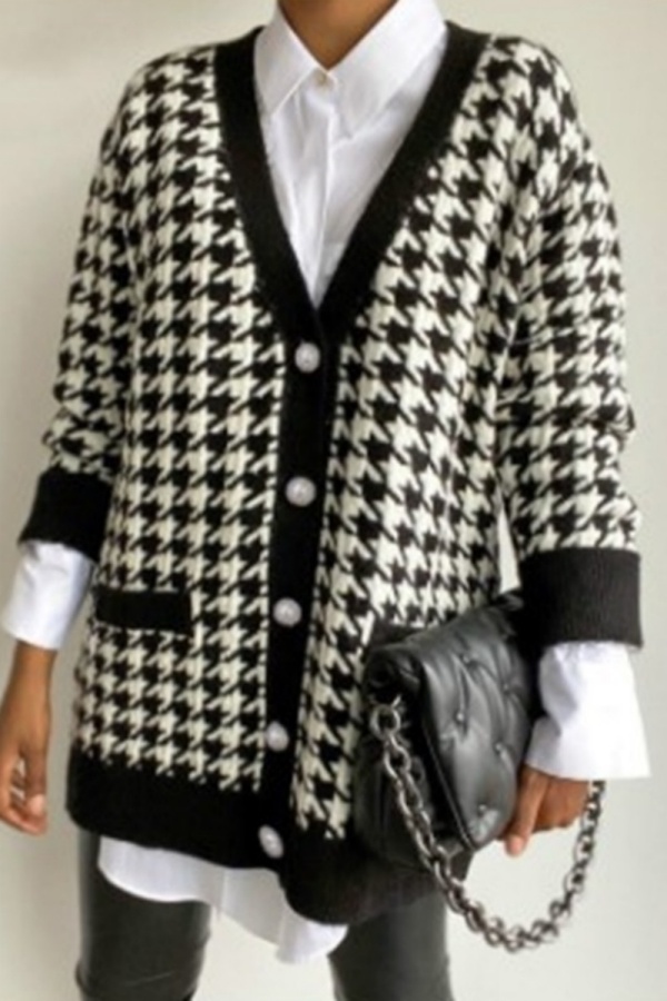 Black Casual Houndstooth Buttons V Neck Long Sleeve Fall Winter Knitting Sweater Cardigans Coats Outerwear