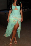 Light Green Floral Print Sleeveless Hollow Out High Slit Asymmetrical Collar Ruffle Trim Beach Vacation Wear Maxi Dress