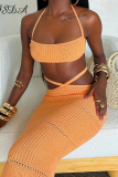 Yellow Skinny Party Club Vacation Woolen Backless Strap Design Tie-back Halter Cami Tops and Long Wrap Skirts Two Pieces Dress Sets