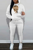 White Sportwear Casual Letter Print Hooded Long Sleeve Sweatshirt and Pencil Sweatpants Fall Winter Two Pieces Sweatsuits Sets