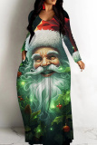 Multicolor Casual Santa Claus Print O Neck Long Sleeve Straight Loose Vacation Plus Size Maxi T-shirt Dresses