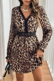 Leopard Print V-Neck Long Sleeve Lace Trim Belted Waist Casual Outings Streetwear Mini Dress