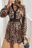 Leopard Print V-Neck Long Sleeve Lace Trim Belted Waist Casual Outings Streetwear Mini Dress