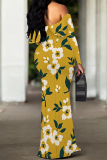 Apricot Floral Print Off Shoulder Long Flutter Sleeve Mermaid Hem Vacation Boho Maxi Dress