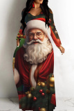 Multicolor Casual Santa Claus Print O Neck Long Sleeve Straight Loose Vacation Plus Size Maxi T-shirt Dresses