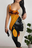 Light Khaki Artistic African Portrait Print Sleeveless U Neck Wrapped Skirt Bodycon Midi Tank Dresses