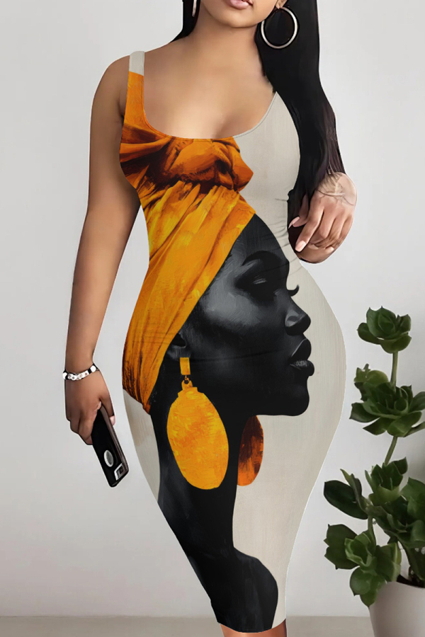 Light Khaki Artistic African Portrait Print Sleeveless U Neck Wrapped Skirt Bodycon Midi Tank Dresses