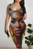 Light Khaki Artistic African Portrait Print Sleeveless U Neck Wrapped Skirt Bodycon Midi Tank Dresses