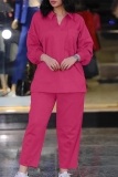 Rose Red Casual V Neck Long Sleeve Blouse And Pants Pocket Plus Size Vacation Two Pieces Trouser Sets
