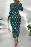 Blue Geometric African Print O Neck Long Sleeve Casual Outing Bodycon Pencil Midi Dress