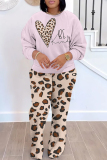 Dark Grey Sportwear Casual Letter Lip Leopard Print Round Neck Long Sleeve Sweatshirt and Straight Sweatpants Fall Winter Two Pieces Sweatsuits Sets