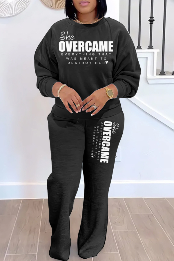 White Sportwear Casual Letter Print Round Neck Long Sleeve Sweatshirt and Straight Leg Sweatpants Fall Winter Two Pieces Sweatsuits Sets